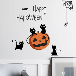 Halloween wall decals set with black cat, pumpkin, spider web and bats for festive home decor