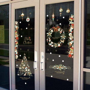 Christmas window decals set with red and green tree, wreath and snowflakes for holiday decor