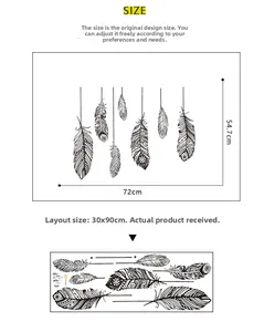 Detailed sizing chart for feather wall stickers showing layout dimensions 30x90cm and 72x54.7cm