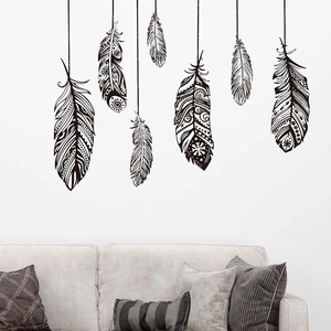 Modern bohemian feather wall stickers set with black and white patterns for home decor