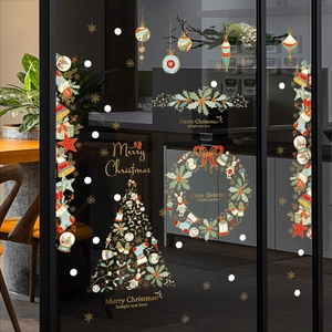Festive Christmas window stickers with golden tree and wreath for holiday home decor