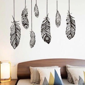 Minimalist black feather wall stickers with ethnic patterns for bedroom wall decor