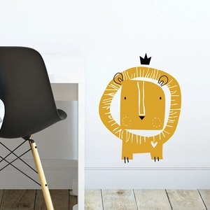 Minimalist hand-drawn cartoon lion wall sticker for kids room decor with yellow tones