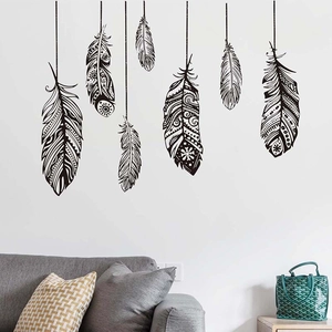 Bohemian black feather wall decals set with ethnic patterns for modern home decoration