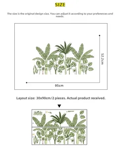 Detail showing tropical plant wall sticker dimensions 95x52.2cm and 30x90cm layout sheets