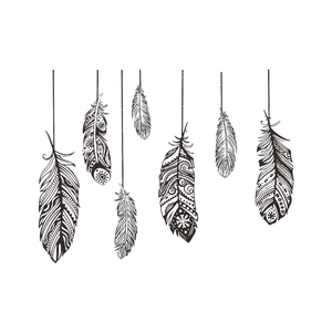 Detail of 7 bohemian feather wall decals with tribal mandala patterns for home decor