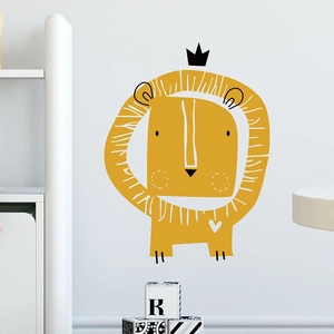 Cartoon lion wall sticker with crown for kids room decor, yellow animal mural