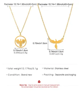Size chart for stainless steel eagle pendant necklace showing dimensions and weight