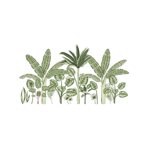 Detailed botanical print of tropical palm and banana leaves on white background