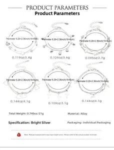 Detailed chart showing six silver alloy charm bracelets with diverse decorative pendants