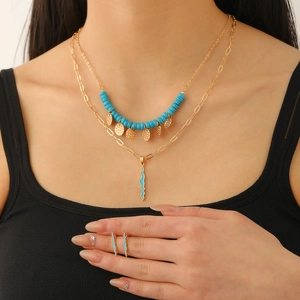 Boho Legierung Vergoldet Schmuckset Mehrlagige Halskette Und Wellenförmige Ohrringe Türkis Perlen Geometrische Anhänger Damen Schmuck