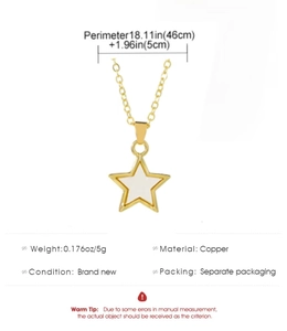 Detailed spec sheet showing 5g copper star pendant necklace with 46cm adjustable chain