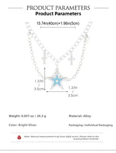 Detailed specs of silver alloy heart necklace with blue star and cross pendants