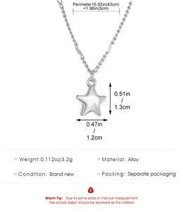 Detail showing dimension and specs of minimalist star pendant necklace in silver alloy