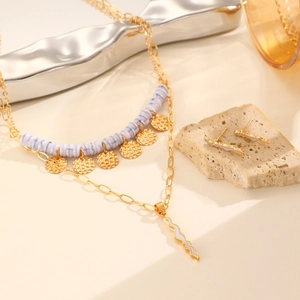 14K vergoldetes Set aus Schichtkette mit Naturstein und Emaille-Ohrring-Schmuckset