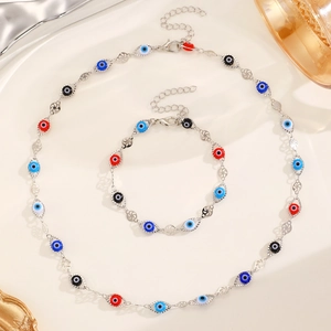 Détails de l'ensemble collier et bracelet Evil Eye coloré avec chaîne argentée