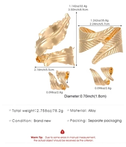 Detailed size specifications for the gold leaf open cuff bracelet and ring jewelry set