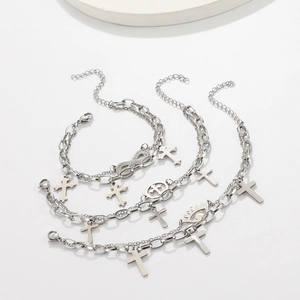 Retro silver layered stainless steel bracelets with cross, infinity, and eye charms set