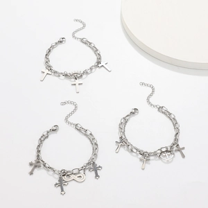 Retro multi-layer silver bracelets set with cross and infinity charms for men and women