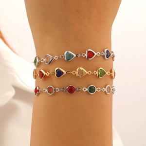 Ensemble de bracelets à maillons avec pierres en forme de cœur pour femme en or et argent