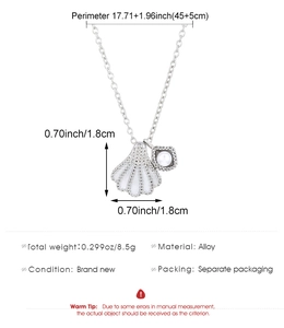 Detail specifications of shell pearl pendant necklace with dimensions and alloy material