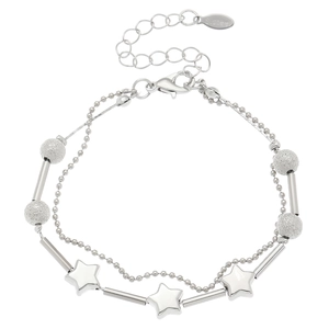 Double-layered silver stainless steel bracelet featuring star charms and polished beads