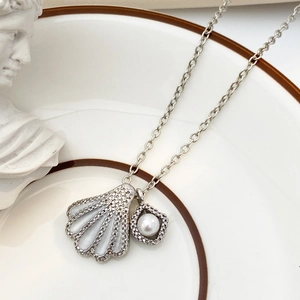 Elegant silver mermaid shell necklace with white mother of pearl and pearl pendant on chain