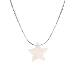 Minimalist silver star pendant necklace with shimmering pink opal stone on white background