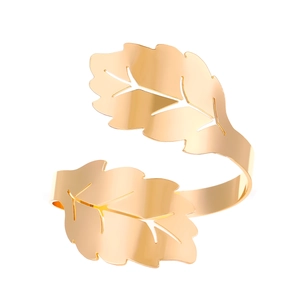 Elegant gold leaf-shaped open cuff bracelet with minimalist dual leaf polished design