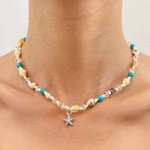 Shell Artificial Pearl Pendant Necklace For Women Alloy Starfish Ocean Theme Bohemian Beach Jewelry For Vacation Wedding Party Gift