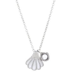 Silver shell and pearl pendant necklace with zircon accents on a white background