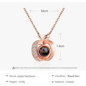 Detailed specs of rose gold heart projection necklace with dimensions and material info