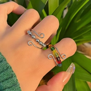 Rainbow bead spinner ring for anxiety relief with adjustable open silver band design