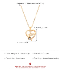 Detailed specs of heart MOM necklace in gold copper with 100 languages projection stone