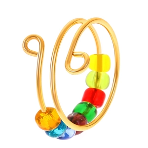 Adjustable golden fidget ring for anxiety with seven colorful rotating glass beads