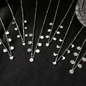 Detailed collection of silver stainless steel necklaces with heart and star pendants
