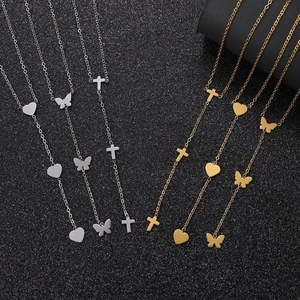 Collection of titanium steel Y-necklaces featuring heart, butterfly, and cross pendants