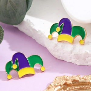 Colorful Mardi Gras clown hat crown earrings with purple, green and yellow enamel glaze