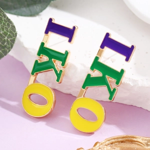 Vertical carnival style drop earrings with colorful IKO letters in purple green and gold