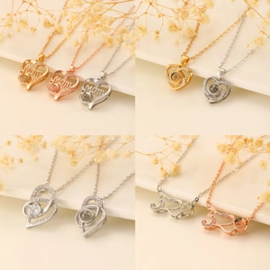 Copper Heart Shaped Projection Necklace Rhinestone Inlaid Mom I Love You Pendant Necklace For Women Mothers Day Gift