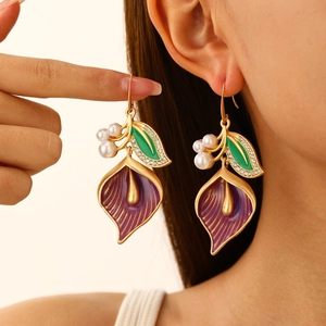 Elegant Calla Lily drop earrings with purple enamel, pearls and rhinestones on gold hooks