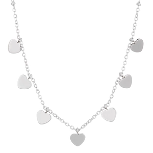 Minimalist stainless steel necklace featuring seven polished silver heart pendants on a chain