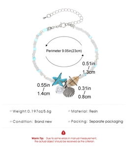 Detail of bohemian starfish shell beaded anklet with dimensions and lobster clasp