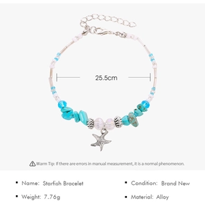 Detail of bohemian starfish anklet with blue beads and alloy charms for summer beach wear