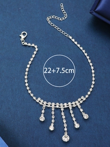 Bracelet de cheville argenté avec glands en strass et chaîne de réglage de 22+7,5 cm