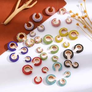 Luxe colorful rhinestone C-shaped ear cuffs set in gold-plated alloy for fashion trend