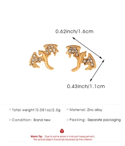 Detailed view of chic golden dragon stud earrings with white crystals and dimensions