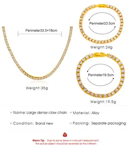 Maatspecificaties voor de dichte klauw tennis ketting en armband set in goud legering