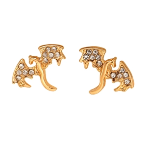 Detailed macro view of golden bat stud earrings featuring fine sparkling rhinestones