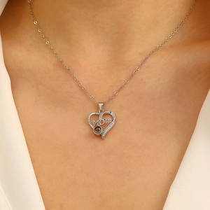 Silver heart necklace with MOM lettering and crystal projection stone for moms